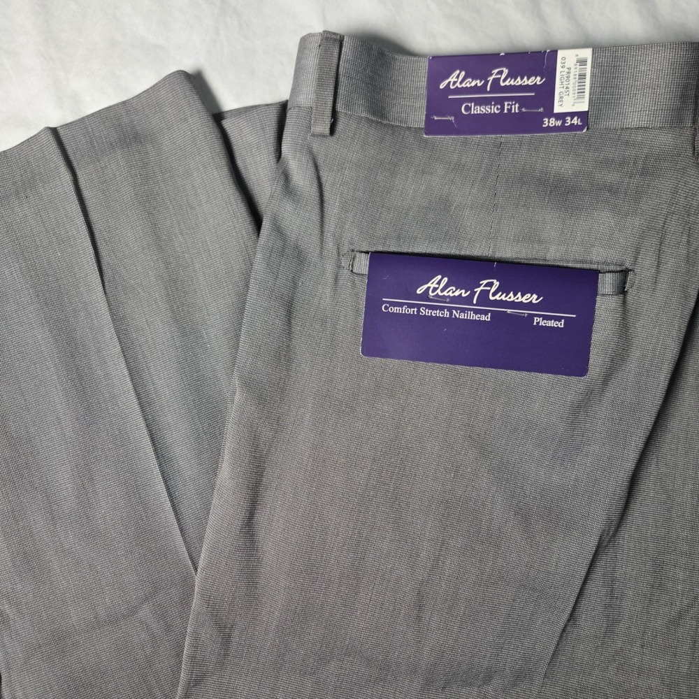 Alan Flusser Pants 38x34 Light Grey Nailhead Pleated Dress Pants See Pics